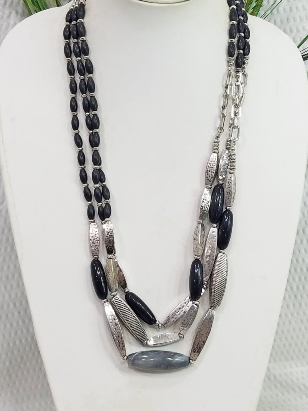 Signed Chico's Chunky Black & Silver Tone Torpedo Bead Multi Strand Necklace